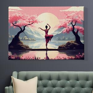 Obraz na plátně - BALANC, žena stojící mezi sakurami, Japonsko FeelHappy.cz Velikost obrazu: 40 x 30 cm