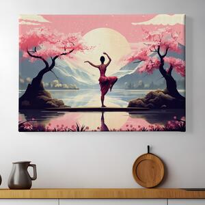 Obraz na plátně - BALANC, žena stojící mezi sakurami, Japonsko FeelHappy.cz Velikost obrazu: 40 x 30 cm