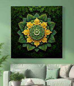 Obraz na plátně - Mandala zelené a žluté listy FeelHappy.cz Velikost obrazu: 140 x 140 cm