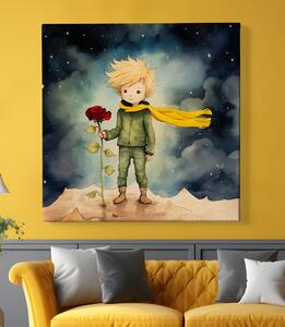 Obraz na plátně - Malý princ na své planetce s milovanou růží (cartoon) FeelHappy.cz Velikost obrazu: 40 x 40 cm