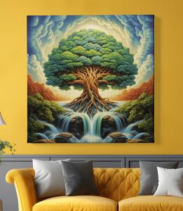 Obraz na plátně - Košatý strom života s vodopádem a mraky FeelHappy.cz Velikost obrazu: 40 x 40 cm