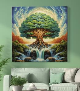 Obraz na plátně - Košatý strom života s vodopádem a mraky FeelHappy.cz Velikost obrazu: 60 x 60 cm