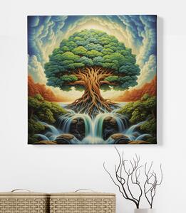 Obraz na plátně - Košatý strom života s vodopádem a mraky FeelHappy.cz Velikost obrazu: 40 x 40 cm