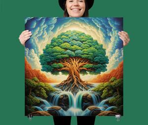 Plakát - Košatý strom života s vodopádem a mraky FeelHappy.cz Velikost plakátu: 40 x 40 cm