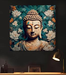 Obraz na plátně - Buddhova hlava a pozadí s květy FeelHappy.cz Velikost obrazu: 80 x 80 cm