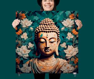 Plakát - Buddhova hlava a pozadí s květy FeelHappy.cz Velikost plakátu: 40 x 40 cm