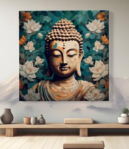 Obraz na plátně - Buddhova hlava a pozadí s květy FeelHappy.cz Velikost obrazu: 40 x 40 cm