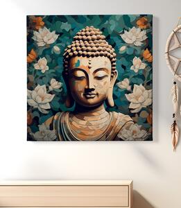 Obraz na plátně - Buddhova hlava a pozadí s květy FeelHappy.cz Velikost obrazu: 40 x 40 cm