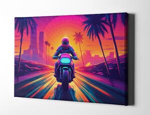 Obraz na plátně - Retrowave motorka s městem na pozadí FeelHappy.cz Velikost obrazu: 90 x 60 cm