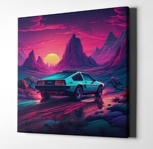 Obraz na plátně - Retrowave auto v pustině při západu slunce FeelHappy.cz Velikost obrazu: 80 x 80 cm