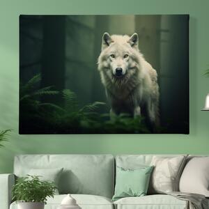 Obraz na plátně - Bílý vlk a lesní mlžné ráno FeelHappy.cz Velikost obrazu: 90 x 60 cm