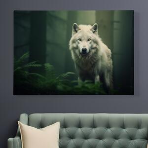 Obraz na plátně - Bílý vlk a lesní mlžné ráno FeelHappy.cz Velikost obrazu: 150 x 100 cm