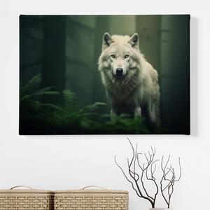 Obraz na plátně - Bílý vlk a lesní mlžné ráno FeelHappy.cz Velikost obrazu: 40 x 30 cm