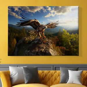 Obraz na plátně - Káně lesní přistává na skále FeelHappy.cz Velikost obrazu: 210 x 140 cm