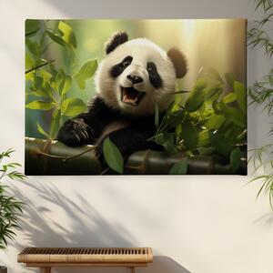 Obraz na plátně - Panda se spokojeně opírá o bambus FeelHappy.cz Velikost obrazu: 210 x 140 cm