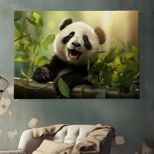 Obraz na plátně - Panda se spokojeně opírá o bambus FeelHappy.cz Velikost obrazu: 210 x 140 cm