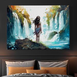 Obraz na plátně - Žena se chystá ke koupání pod vodopádem FeelHappy.cz Velikost obrazu: 40 x 30 cm