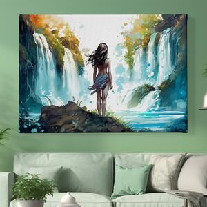 Obraz na plátně - Žena se chystá ke koupání pod vodopádem FeelHappy.cz Velikost obrazu: 210 x 140 cm