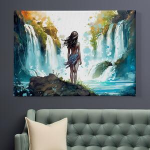 Obraz na plátně - Žena se chystá ke koupání pod vodopádem FeelHappy.cz Velikost obrazu: 210 x 140 cm