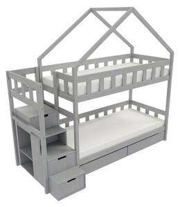 Domečková patrová postel PLOTTY s úložnými schody 90x200 cm - Světle šedá, Zvolte šuplík: Dvojitý úložný šuplík, Zvolte stranu: Vlevo