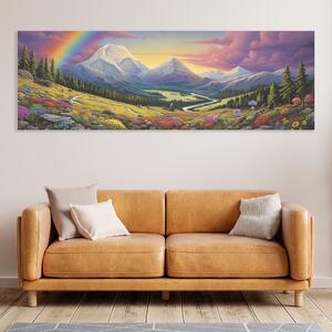 Obraz na plátně - Jehličnaté lesy a hory s duhou FeelHappy.cz Velikost obrazu: 60 x 20 cm