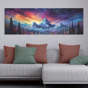 Obraz na plátně - Barevná zimní krajina s horami a stromy FeelHappy.cz Velikost obrazu: 240 x 80 cm