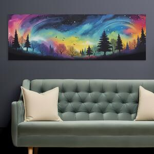 Obraz na plátně - Temný smíšený les a magická noční obloha FeelHappy.cz Velikost obrazu: 60 x 20 cm