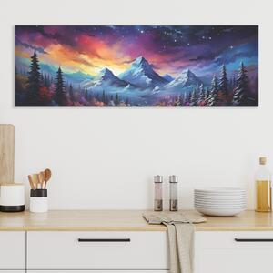 Obraz na plátně - Barevná zimní krajina s horami a stromy FeelHappy.cz Velikost obrazu: 60 x 20 cm