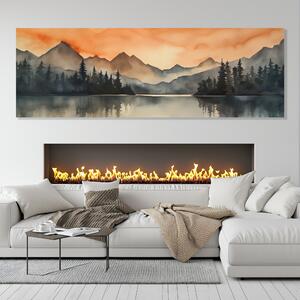 Obraz na plátně - Klidná hladina, lesy, hory a oranžové nebe FeelHappy.cz Velikost obrazu: 60 x 20 cm