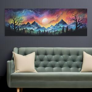 FeelHappy Obraz na plátně - Tmavé listnáče a barevná noční obloha Velikost obrazu: 150 x 50 cm