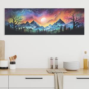 Obraz na plátně - Tmavé listnáče a barevná noční obloha FeelHappy.cz Velikost obrazu: 60 x 20 cm