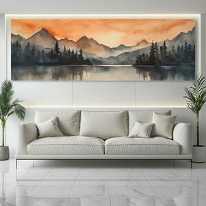 Obraz na plátně - Klidná hladina, lesy, hory a oranžové nebe FeelHappy.cz Velikost obrazu: 60 x 20 cm