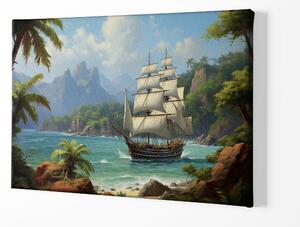 Obraz na plátně - Velká plachetnice kotví u tropického ostrova FeelHappy.cz Velikost obrazu: 150 x 100 cm