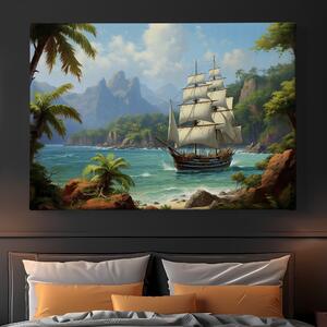 Obraz na plátně - Velká plachetnice kotví u tropického ostrova FeelHappy.cz Velikost obrazu: 210 x 140 cm