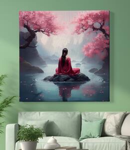 Obraz na plátně - Meditace, žena v červených šatech na ostrůvku FeelHappy.cz Velikost obrazu: 40 x 40 cm