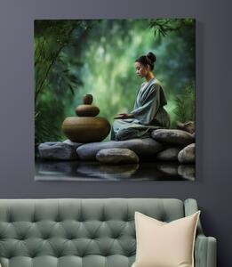 Obraz na plátně - Meditace, žena u dřevěných misek FeelHappy.cz Velikost obrazu: 60 x 60 cm