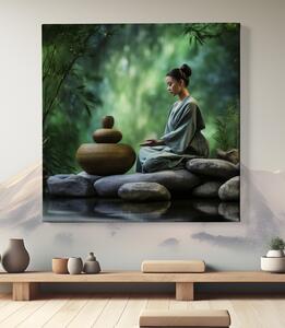 Obraz na plátně - Meditace, žena u dřevěných misek FeelHappy.cz Velikost obrazu: 40 x 40 cm