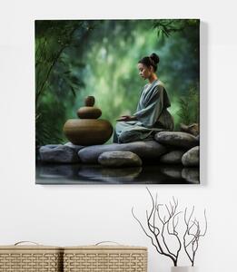 Obraz na plátně - Meditace, žena u dřevěných misek FeelHappy.cz Velikost obrazu: 60 x 60 cm