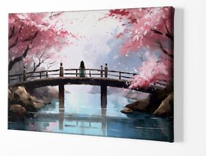 Obraz na plátně - Meditace, žena na mostě mezi Sakurami FeelHappy.cz Velikost obrazu: 90 x 60 cm