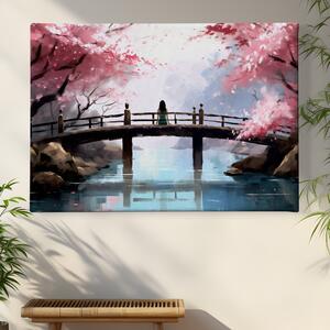Obraz na plátně - Meditace, žena na mostě mezi Sakurami FeelHappy.cz Velikost obrazu: 40 x 30 cm