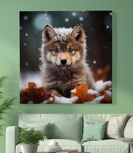 Obraz na plátně - Mládě vlka vyčkává ve sněhu FeelHappy.cz Velikost obrazu: 40 x 40 cm