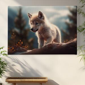 Obraz na plátně - Malý vlček na skále objevuje svět FeelHappy.cz Velikost obrazu: 210 x 140 cm