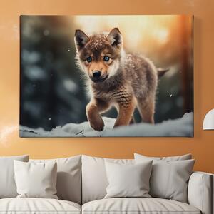 Obraz na plátně - Malé vlče objevuje zimní les FeelHappy.cz Velikost obrazu: 40 x 30 cm