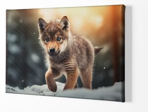 Obraz na plátně - Malé vlče objevuje zimní les FeelHappy.cz Velikost obrazu: 120 x 80 cm