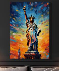 Obraz na plátně - Socha svobody s abstraktním západem slunce FeelHappy.cz Velikost obrazu: 40 x 60 cm