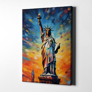 Obraz na plátně - Socha svobody s abstraktním západem slunce FeelHappy.cz Velikost obrazu: 140 x 210 cm