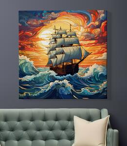 Obraz na plátně - Plachetnice Odyssea na moři s barevnými mraky FeelHappy.cz Velikost obrazu: 40 x 40 cm
