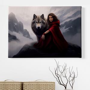 Obraz na plátně - Dívka s vlkem v horách, fantasy FeelHappy.cz Velikost obrazu: 210 x 140 cm