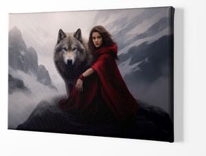 Obraz na plátně - Dívka s vlkem v horách, fantasy FeelHappy.cz Velikost obrazu: 210 x 140 cm