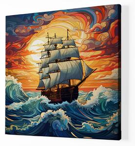 Obraz na plátně - Plachetnice Odyssea na moři s barevnými mraky FeelHappy.cz Velikost obrazu: 140 x 140 cm
